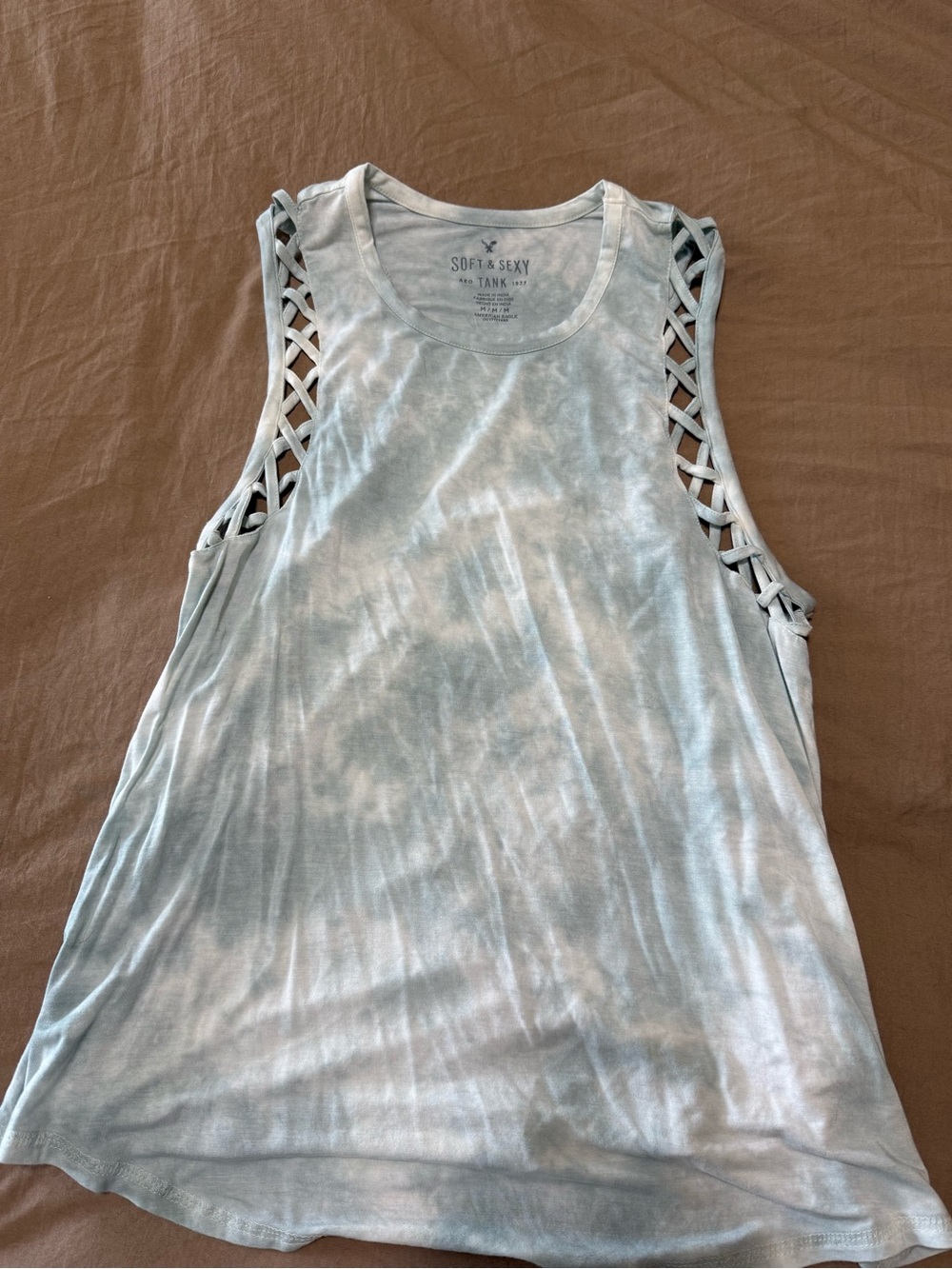 American Eagle Outfitters Light Blue Tie-Dye Lattice Shoulder Tank